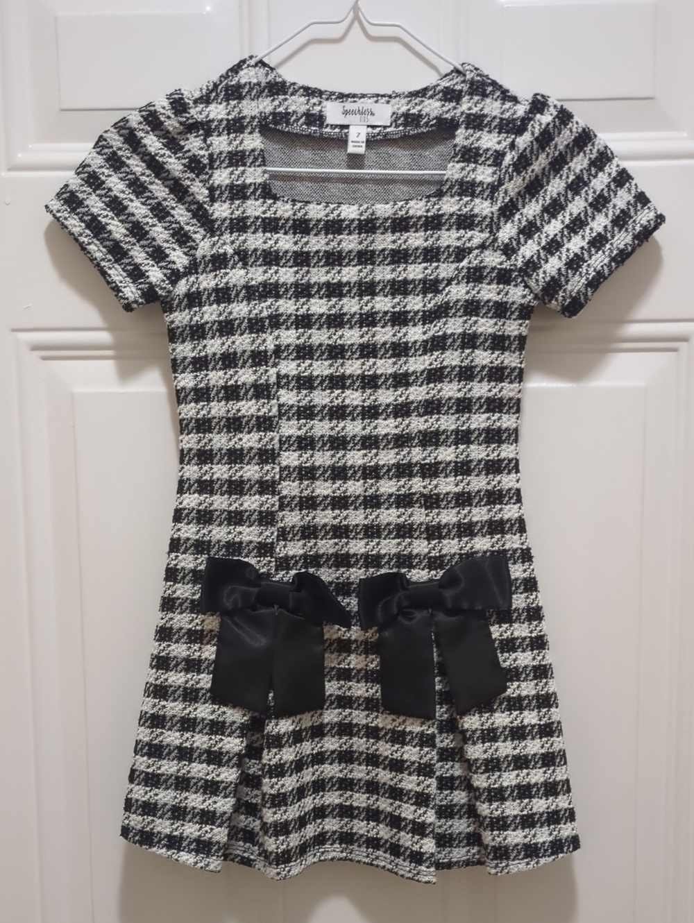 Speechless Black and White Houndstooth Mini Dress with Satin Bow On Front.